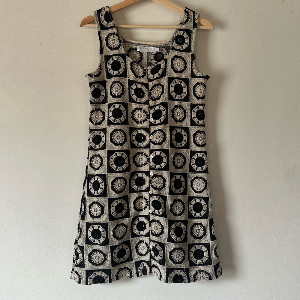 Anthropologie Seafolly Crochet Hipster Coverup Beach Mini Dress Black and Cream - Picture 4 of 11